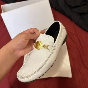 Versace | Shoes | Versace White Deer Skin Signature Loafers 